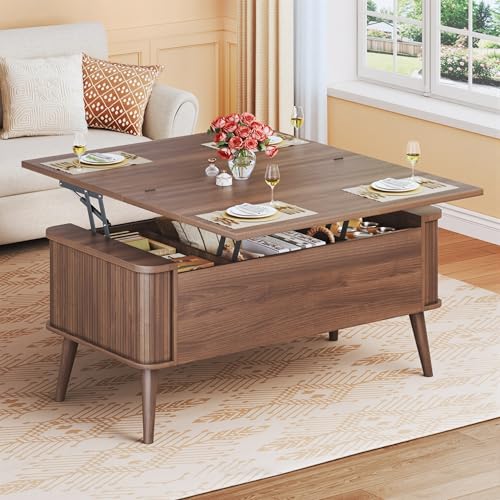 HUAHUU Lift Top Coffee Table with Storage, 40" Square Coffee Table with 3 Hidden Compartments, Modern Center Table with Lifting top, Converts to Dining Table for Living Room, Home Office, Walnut - color: Natural Walnut, size: 19.7"D x 39.4"W x 16.5"H