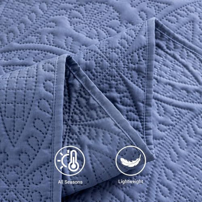 SheRest Full Quilt Bedding Set - Grayish Blue Soft Breathable Bed Quilts, Modern Style Embossed Bedspreads, Lightweight Microfiber Reversible Coverlet for All Seasons-3 pieces (1 Quilt,2 Pillow Shams) - color: Grayish Blue, size: Full (80" x 90")