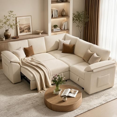 Modular Sectional Sofa with Pull Out Bed, L Shaped Sectional Couches | Corduroy 5 Seat Sectional Sleeper Sofa with Storage & Side Pockets, Comfy Sleeper Sofa for Living Room, Apartment - color: Beige, size: L-shaped 5 Seats