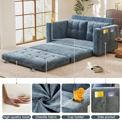 55" Convertible Folding Sofa Bed, Pull Out Couch Love Seat Sleeper Bed, Small Fold Out Loveseat sleeper with Cup Holder and Pillow for Small Space, Bedroom Lounge, Dorm, Living Room(Blue Chenille) - color: Blue