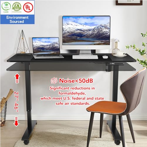 Electric Standing Desk with Wheels, 63'' x 24'' Standing Desk Adjustable Height with Charging Station, 2 USB Ports, 3 Power Outlets, 4 Caster, 27''-46'' Lifting Range Stand up Desk(Black) - color: Black, size: 63 x 24''