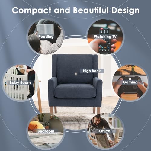 COLAMY Modern Wingback Living Room Chair, Upholstered Fabric Accent Armchair, Single Sofa Chair with Lounge Seat and Wood Legs for Bedroom/Office/Reading Spaces, Blue - color: Blue, size: Set of 1