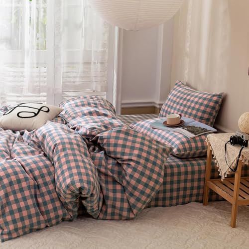 mixinni Plaid Duvet Cover Set Twin Purple - Soft Washed Cotton Modern Geometric Bedding Set with 2 Pillowcases, Pink Blue Gingham Grid Twin Duvet Cover for Men & Women, Soft & Lightweight - color: 02 - Purple/Pink/Blue Plaid, size: Twin