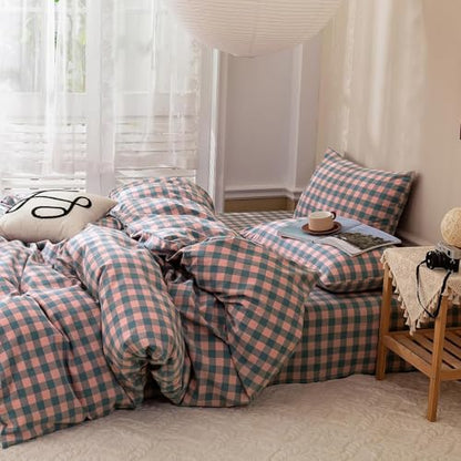 mixinni Plaid Duvet Cover Set Twin Purple - Soft Washed Cotton Modern Geometric Bedding Set with 2 Pillowcases, Pink Blue Gingham Grid Twin Duvet Cover for Men & Women, Soft & Lightweight - color: 02 - Purple/Pink/Blue Plaid, size: Twin