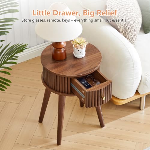 Round Fluted Side Table Set of 2, Small End Table with Fluted Drawer, Mid-Century Modern Wooden Bedside Table Round Nightstand Small Sofa Side Table for Living Room(Walnut) - color: Walnut, size: 15.7"D x 15.7"W x 23.6"H