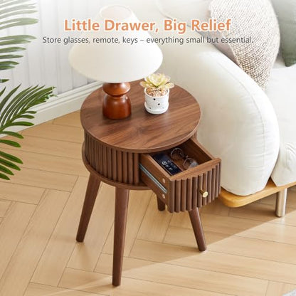 Round Fluted Side Table Set of 2, Small End Table with Fluted Drawer, Mid-Century Modern Wooden Bedside Table Round Nightstand Small Sofa Side Table for Living Room(Walnut) - color: Walnut, size: 15.7"D x 15.7"W x 23.6"H