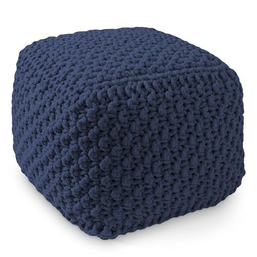 Casafield Square Pouf Ottoman, Navy Blue 18.5" W x 18.5" D x 14.5" H Cotton Knit Foot Stool - Boho Floor Pouffe for Living Room, Bedroom, Home Office - color: Navy Blue, size: 18.5"D x 18.5"W x 14.5"H