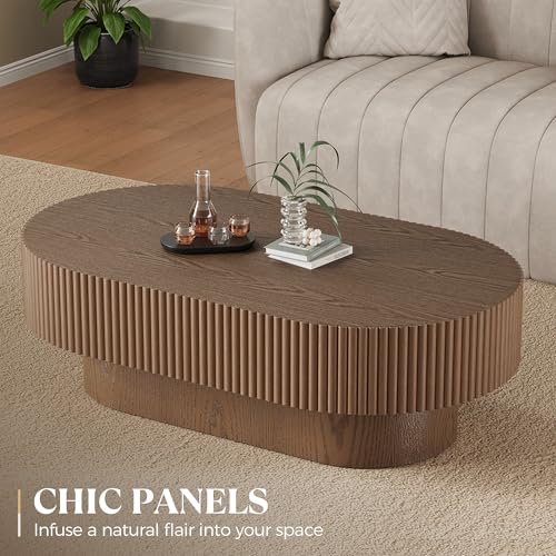 YOUDENOVA 43.7” Oval Coffee Table, Modern Wood Fluted Coffee Table for Living Room, Veneer Handcrafted Relief Center Table with Sturdy Pedestal，Easy Assembly - Walnut - color: 43.7" Brown-oval