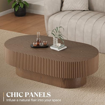 YOUDENOVA 43.7” Oval Coffee Table, Modern Wood Fluted Coffee Table for Living Room, Veneer Handcrafted Relief Center Table with Sturdy Pedestal，Easy Assembly - Walnut - color: 43.7" Brown-oval
