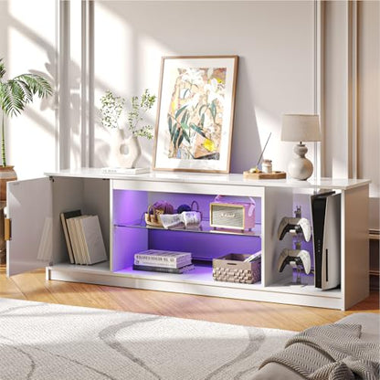 Bestier Glossy Fluted TV Stand for 65 Inch TV, Gaming LED Entertainment Center with Cabinet for PS5 Xbox, TV Console with Adjustable Glass Shelves for Living Room Bedroom, Bright White - color: Bright White