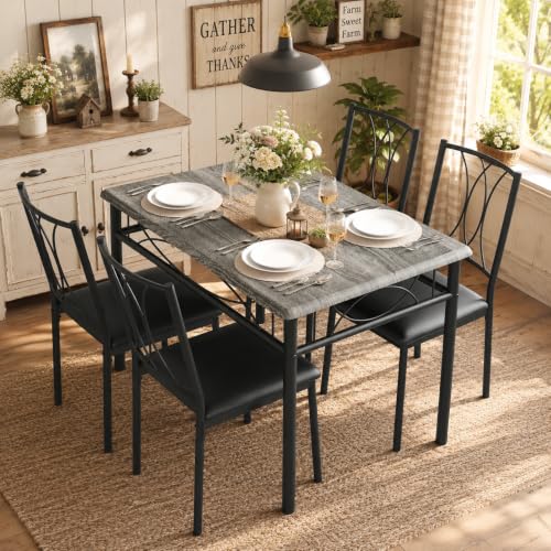 CABIHOME Dining Table Set - 5 Piece Rectangle Kitchen Table with 4 Upholstered Chairs, Perfect for Small Spaces & Apartments - Retro Gray - color: Retro Gray, size: Table with 4 Upholstered Chairs