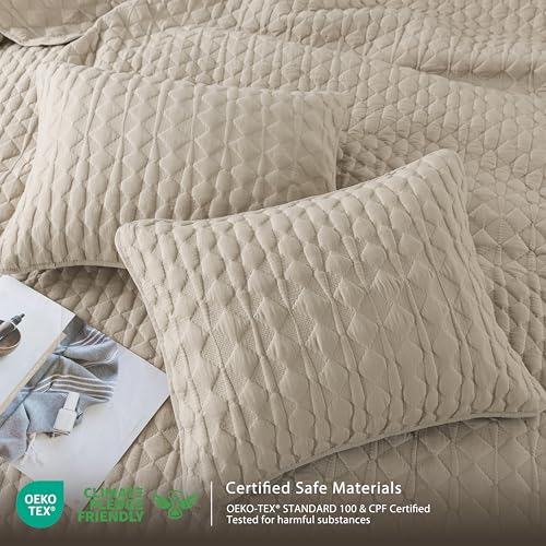 Beige Quilt King Size Bedding Sets with 2 Pillow Shams, Lightweight Soft Bedspread Coverlet, Quilted Blanket Thin Comforter Bed Cover, All Season Summer Spring, Tan Cream, 3 Pieces, 104x90 inches - color: Beige, size: King