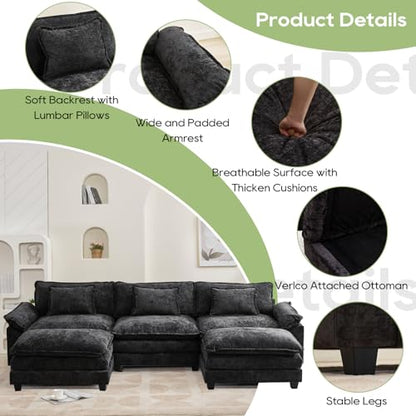 120" Modular Sectional Sofa, Comfy Deep Cloud Couch with Ottoman | U-Shaped Couches for Living Room, Modular Couch, Deep and Wide Seat, Chenille Sofa Sleeper with Throw Pillows, Black - color: Black, size: 120 Inch U