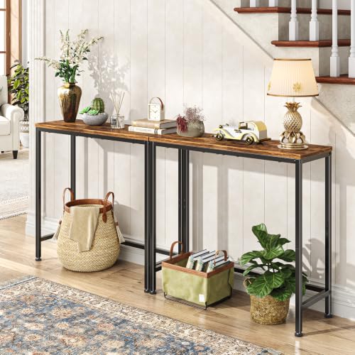 Simple Trending Narrow Side Table, 29.8" Console Table, Rustic Brown | Slim Entryway Table, Metal Frame, Adjustable Feet Pads, Industrial Style Behind Couch Table, for Entryway, Living Room - size: 1-Tier Sofa Table