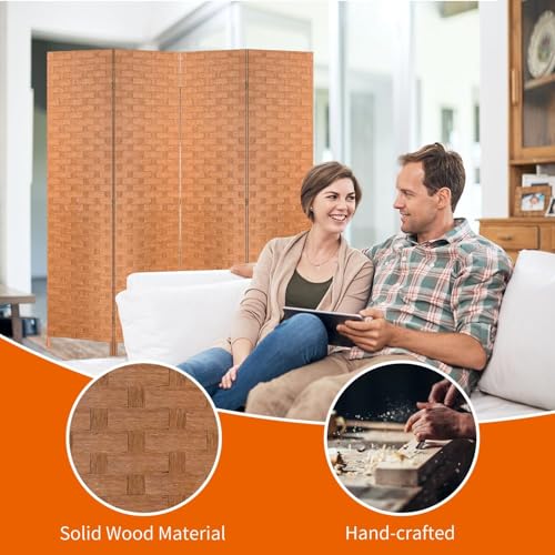 BLKMTY Room Divider, 6ft Folding Privacy Screens, Wall Divider Portable Room Seperating Freestanding Wood Screen, 4 Panels Hand-Woven Design Screen Double Hinged Dividers for Bedroom, Natural - color: Natural