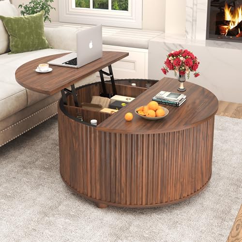 35" Round Lift Top Coffee Table, Mid Century Modern Walnut Center Table with Hidden Storage, Fluted Drum Wood Design for Living Room & Apartment - color: Rustic Brown