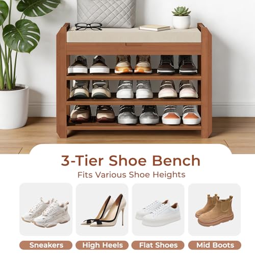 27.6" Bamboo Shoe Bench with Cushion, 5 Hooks Coat Rack, 3-Tier Adjustable Storage Bench for Entryway, Heavy Duty Shoe Rack Organizer with Removable Soft Cushion for Living Room Bedroom Hallway - size: 27.6" 3-Tier