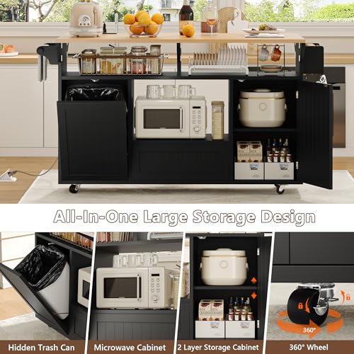 Einhomn 65" Kitchen Island with Drop Leaf, Mobile Island Table for Kitchen with Trash Can Storage, Black - style: Black