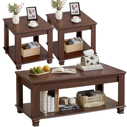 Farmhouse Coffee Table Set of 3, Walnut | Rustic Wood 3 Piece Coffee and End Table Sets with Open Shelf for Living Room - color: Walnut
