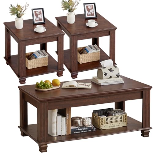 Farmhouse Coffee Table Set of 3, Walnut | Rustic Wood 3 Piece Coffee and End Table Sets with Open Shelf for Living Room - color: Walnut