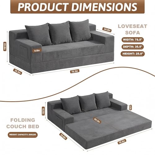 78" Convertible Sofa Bed, Foldable Floor Couch Futon Sofa,High-Density Sponge Boneless Couch, 3 Seater Sleeper Couch with 3 Pillows for Living Room Bedroom Lounge (Grey) - color: Grey, size: 3 Seater