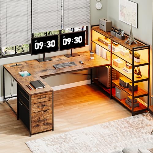 SEDETA 64.5" Reversible L Shaped Office Desk with Storage Drawers, Shelves | U Shaped Gaming Desk with 3 Fabric Drawers, Power Outlet & LED Strip, Bookshelf for Home Office, Rustic Brown - color: Rustic Brown