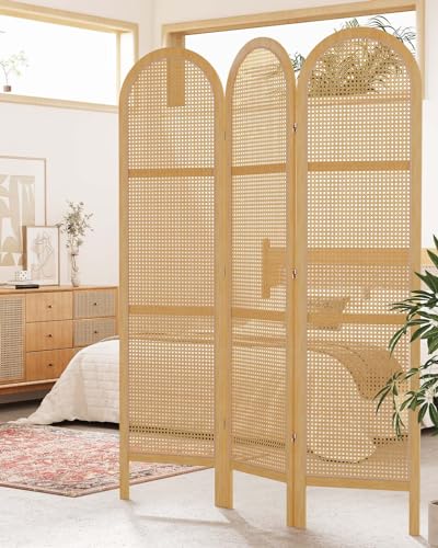 Svimi Room Dividers and Folding Privacy Screens, Pine Wood 5.6 Ft Double Hinged Rattan Partition Freestanding Wall Room Divider for Home - 3 Panels (Natural) - color: Natural