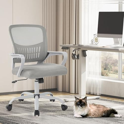 Sweetcrispy Computer Desk Chair, Mesh Office Chair, Lumbar Support, Grey | Ergonomic Mid-Back, Adjustable Height, 360° Swivel Wheels, Comfy Arms, Bedroom Study, Managerial Executive - color: Grey, size: 23 Inch