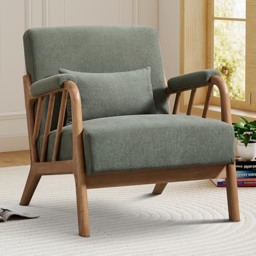 IOMOR Mid Century Modern Accent Chair with Solid Wood Frame, Upholstered Living Room Chairs with Lumbar Cushion Padded Arms, Reading Armchair for Bedroom (1, Olive Green) - color: Olive Green