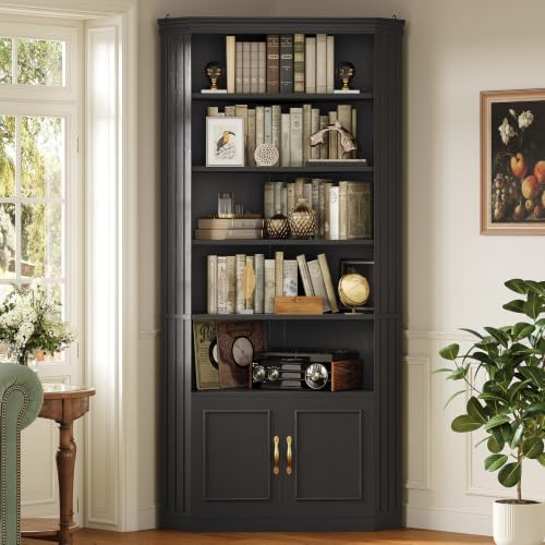 83” Tall Corner Bookshelf with Storage Cabinet, L-Shaped 5 Tier Bookcase Open Racks, Classical Style Bookshelves Adjustable Shelves, Home Office, Living Room & Kitchen - color: Black