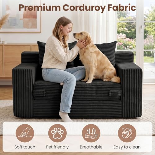 Boneless Mini Couch 53 Inch, 3-in-1 Black Boneless Couches Covertible Sofa Bed with 4 Pillows, Small Couches for Living Room, Bedroom, Small Space - color: Black, size: 53 Inch