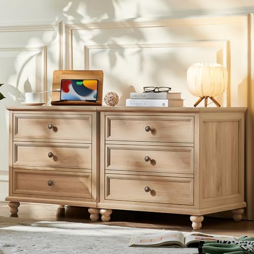 Joaxswe Farmhouse Nightstand with Charging Station, 24" Wide End Table with 3 Drawers,Natural Wood Dresser Cabinet for Bedroom, Bed Side Table Chest of Drawers,Night Stand for Living Room, Closet - color: Natural, size: 19.76"D x 24"W x 22.91"H (3 Drawers