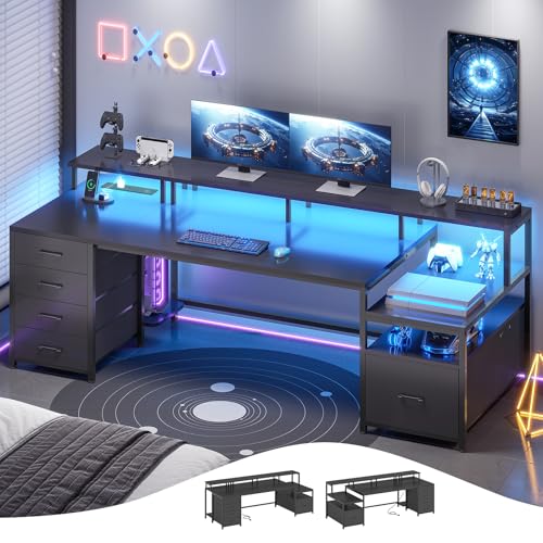 SEDETA 75'' Large Home Office Desk with 5 Drawer, Power Outlet, File Drawer | 23.6" W Desktop Computer Desk with Storage Shelves, Monitor Shelf, Led Lights, for Home Office, Dorm, Gaming Room, Black - color: Black, size: 75X23.6inch