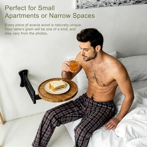 Wall Mounted Folding Table,11" Acacia Bedside Shelf Wall Mount Floating Wall Desk with 36 LBS Capacity for Small Spaces,Round Wood Tabletop with 720° Rotatable Aluminum Alloy Brackets