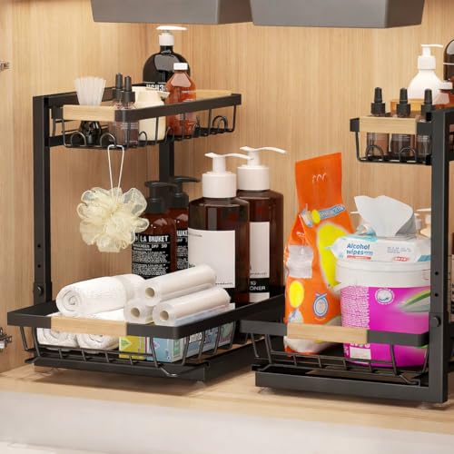2-Tier Multi-Purpose Bathroom Under Sink Organizers and Storage, Black Adjustable Rack with Wooden Handles for Stackable Kitchen Pantry Organization