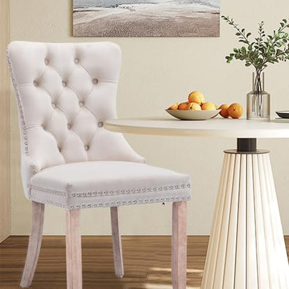 Velvet Upholstered Dining Chairs Set of 2, Modern Style Kitchen Side Chairs with Nailhead Trim and Wood Legs,Metal Pulling Ring for Dining Room Living Room(Beige,Set of 2) - color: Beige, size: Set of 2