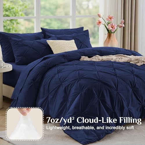 JOLLYVOGUE Twin Comforter Set 5 Pieces - Bed in a Bag Twin for All Season, Pintuck Bedding Comforter Sets with Comforter, Flat Sheet, Fitted Sheet and Pillowcases & Shams, Navy - color: Navy, size: Twin