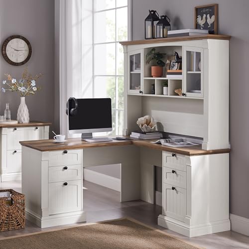OKD 60" L Shaped Farmhouse Executive Desk with Hutch, Antique White | Charging Station, File Cabinet, Drawers, Home Office Desk, Wood Corner Computer Desk for Work, Study - color: Antique White