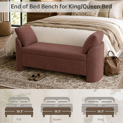 Usaint 58.3" Upholstered Storage Ottoman Bench with 2 Pillows, Rusty Red | End of Bed Bench with Curved Arms and Thickened Seat Cushion for Bedroom, Livingroom, Window, Entryway and Dressing Areas - color: Rusty Red