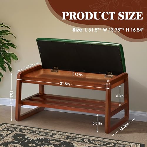 Solid Wood Shoe Rack with Flip-Top Storage, Entryway Shoe Bench with Cushion, 2 Tier Shoes Storage Organizer for Hallway, Living Room-(Green,31.5"-M) - color: Green, size: 31.5 inches