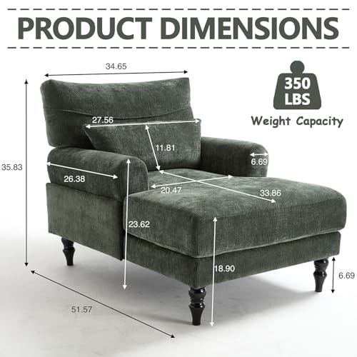 Chaise Lounge Chair Indoor Bedroom, Comfy Lounge Chair with Wide Armrest & Backrest for Small Space, Thick Cushion, High-Density Foam, Waist Pillow, Chenille (Green) - color: Green
