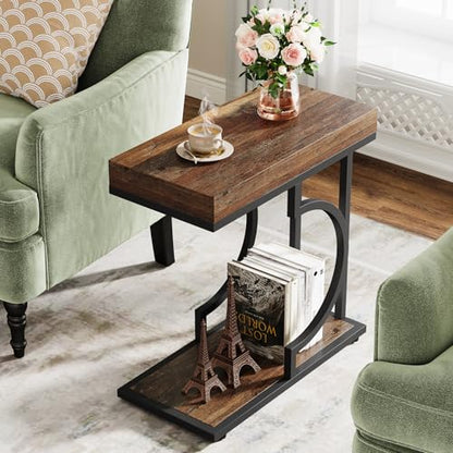 Tribesigns Side Table Set of 2 Narrow Side Table Brown Black C Shaped End Table Modern Bedside Tables for Couch, Small Sofa Tables with Metal Frame for Living Room (2, Rustic Brown+Black) - color: Rustic Brown+black