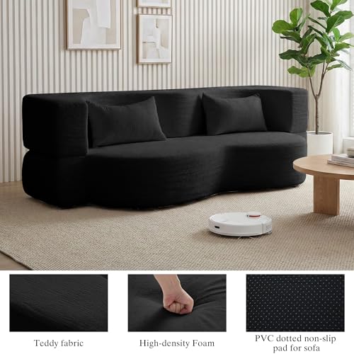 2-in-1 Folding Convertible Sofa Bed - 78 Inch Boneless Loveseat Sleeper, Foldable Floor Futon Couch with Pillow, Pull-Out Modular Matress for Small Spaces (Living Room/Bedroom/Dorm) (Black) - color: Black