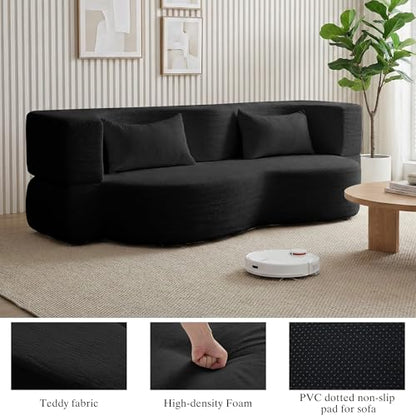 2-in-1 Folding Convertible Sofa Bed - 78 Inch Boneless Loveseat Sleeper, Foldable Floor Futon Couch with Pillow, Pull-Out Modular Matress for Small Spaces (Living Room/Bedroom/Dorm) (Black) - color: Black