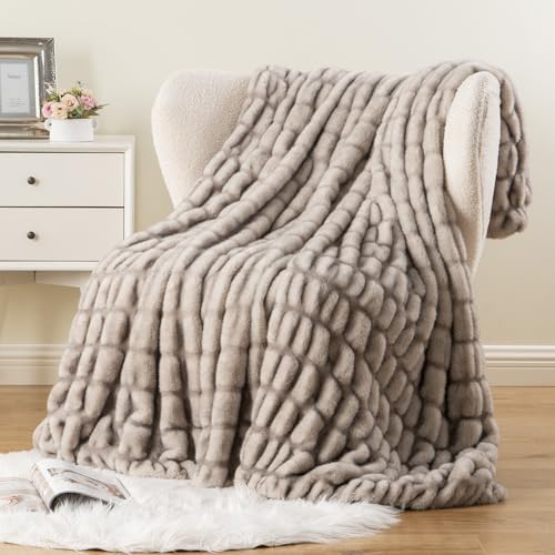 Battilo Large Faux Fur Throw Blanket for Couch, Soft Fluffy Ruched Fur Blanket, Cozy Thick Warm Fuzzy Decorative Minky Blanket for Bed Chair 60"x80"(Tip Dye Grey) | Soft Ruched Faux Rabbit Fur with Tip-Dyed Grey Detail, Thick and Cozy for Couch, Bed, Chai