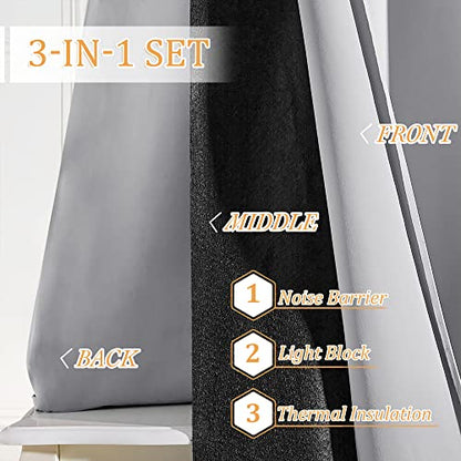 RYB HOME Soundproof Curtains 63 inches, 3 Layers 100% Blackout Curtains | Noise Reducing,Thermal Insulated,With Detachable Felt Liner,For Nursery Bedroom Kids Room,W42 x L63,Sliver Grey,2 Panels - color: Silver Grey, size: 42"W x 63"L (Pack of 2)