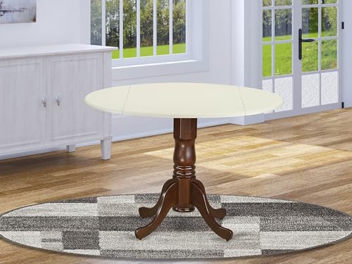 East West Furniture DLT-LMA-TP Dublin Modern Kitchen Table - a Round Dining Table Top with Dropleaf & Pedestal Base, 42x42 Inch, Linen White & Mahogany - color: Linen White & Mahogany