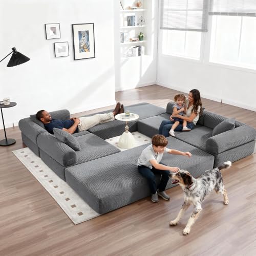 L-Shape Modular Sectional Sofa Bed, Corduroy Boneless Couch, Grey | Boneless Couches for Living Room, Sleeper Futon Sofa Bed, Modular Couch with Storage, Pull Out Couch, No Assembly Required - color: Grey