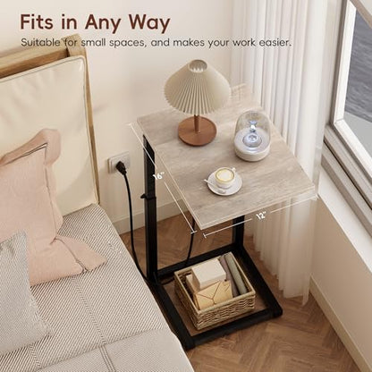 C Shaped End Table with Charging Station, Adjustable Height Side Table for Couch, C Table End Table Couch Table that Slide Under, Sofa Table TV Tray Arm Tables for Living Room, Bedroom, Gray - color: Greige, style: Charging Station