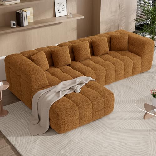 107" Boneless Couch with L - Shaped Chaise, Modern Chenille Modular Sectional Sofa with Tufted Design, Comfy Upholstered Sofa, No - Assembly Sectional Couch, Orange-Brown - color: Orange-brown